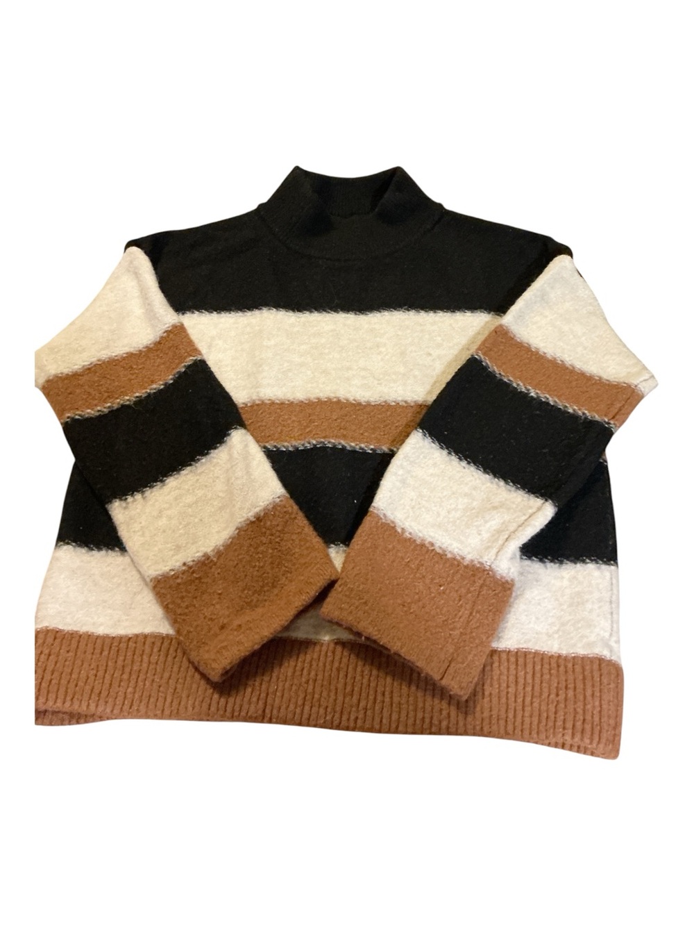 Striped Mock Neck Sweater - Black, Cream & Brown - Picture 1 of 3